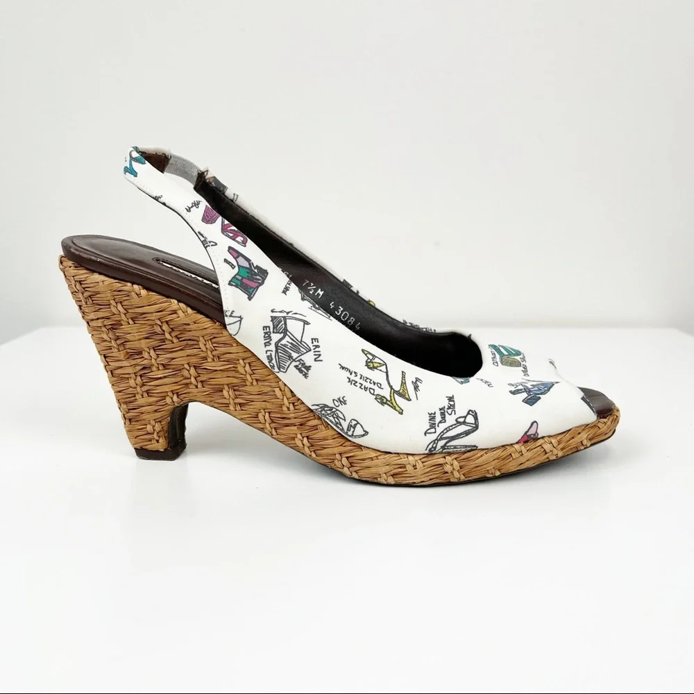 Donald J. Pliner Wicker Wedge Sandals Graphic Shoe Print Canvas Uppers Size‎ 7.5
